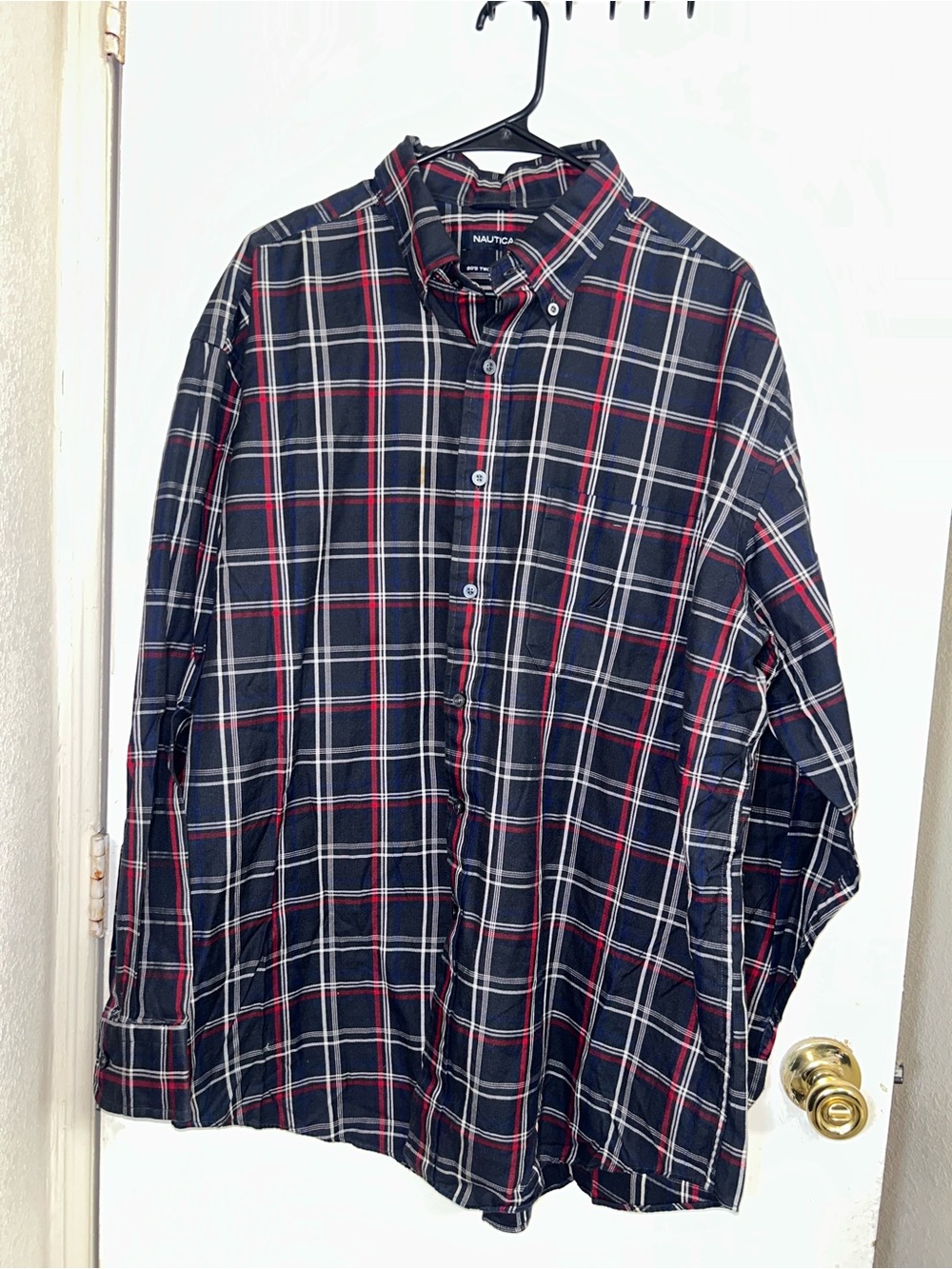 Nautica Men's Navy Plaid Button-Down Shirt with Red and White Stripes